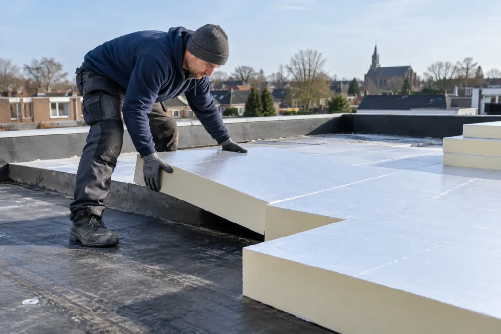 Dakdekker legt isolatieplaten op een plat dak in Westzaan