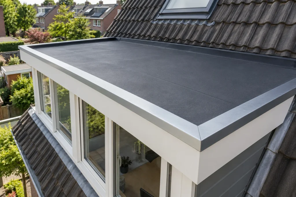 Afgewerkte dakkapel met nieuwe dakbedekking en aluminium daktrim in Westzaan