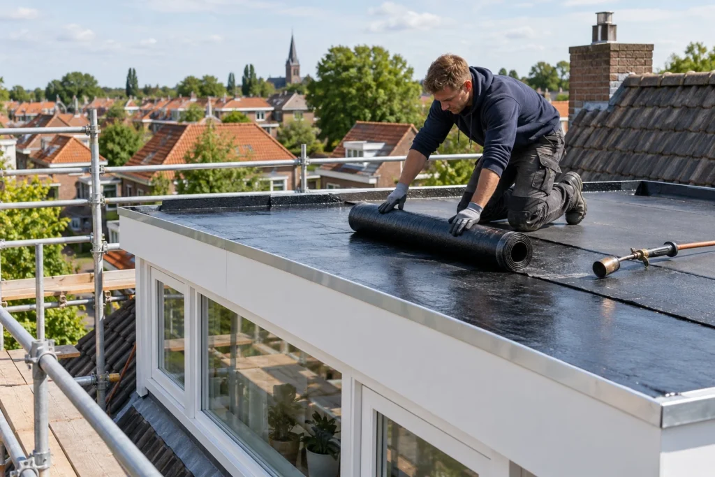 Dakdekker rolt dakbedekking uit op het dak van een dakkapel in Westzaan