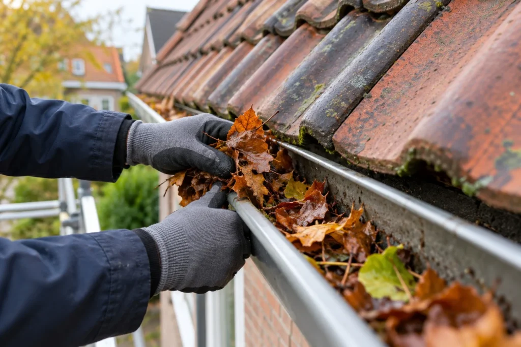 Handen halen herfstbladeren uit een dakgoot onder een pannendak in Westzaan