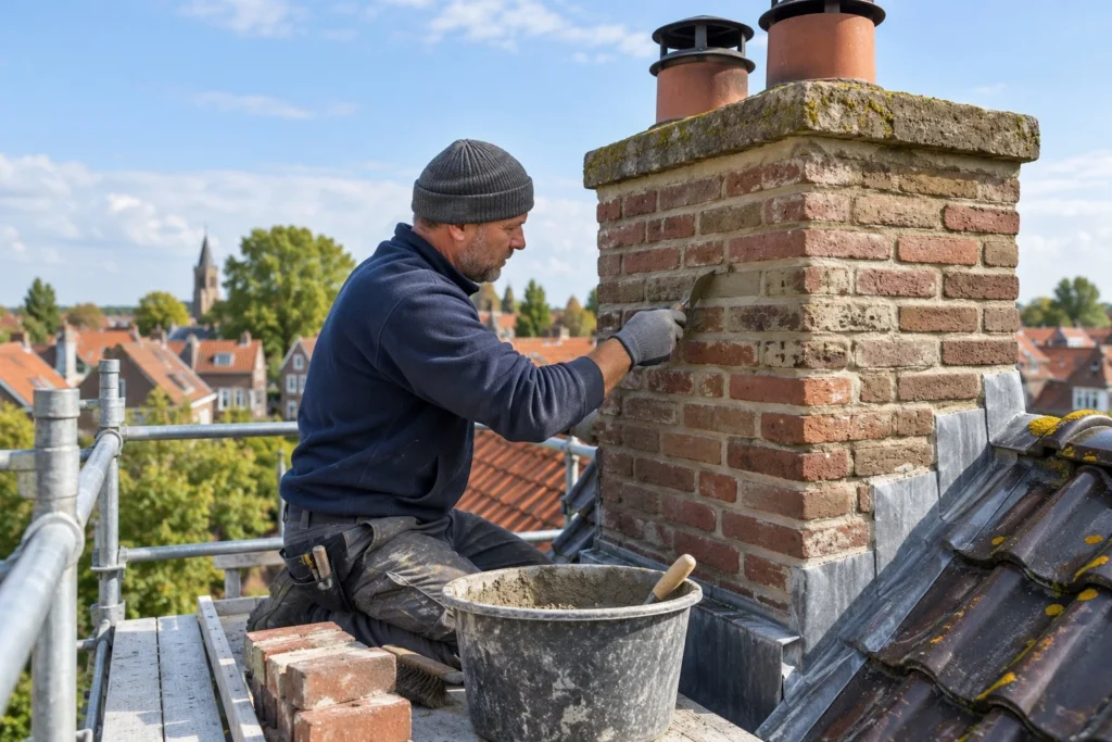 Man voegt het metselwerk van een schoorsteen opnieuw in Westzaan