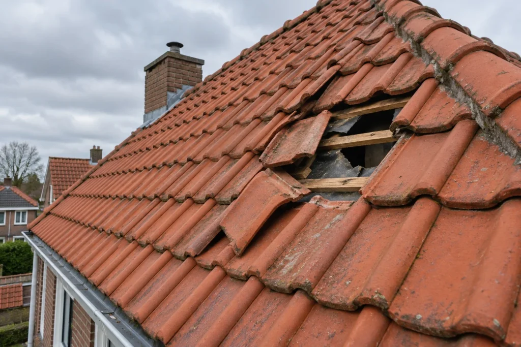 Kapotte en verschoven dakpannen met een gat in het dak in Westzaan